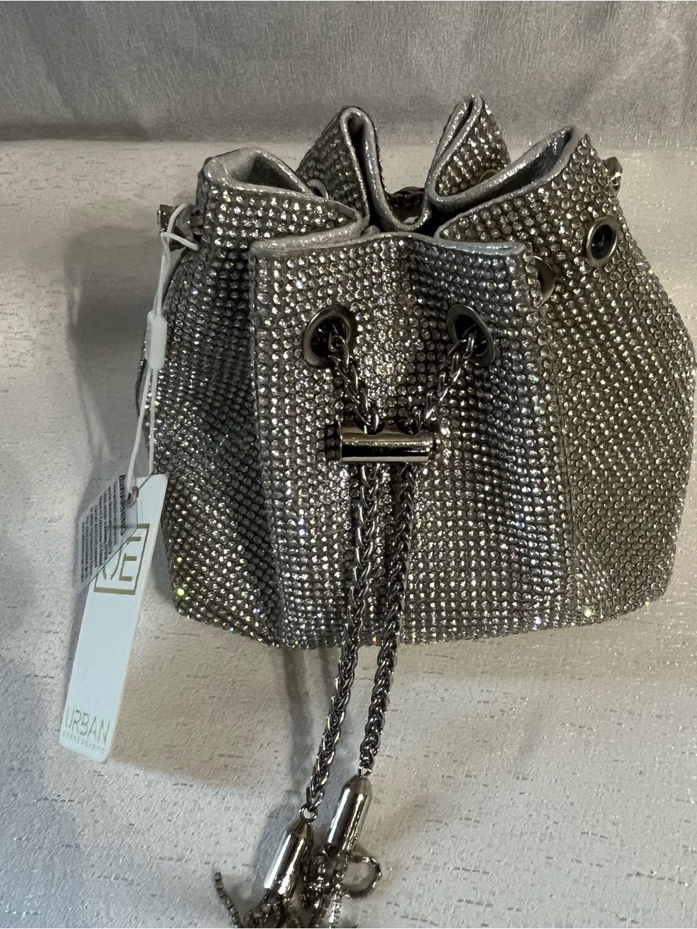 Urban Expressions Silver Crystal Drawstring Mini Bucket Bag
